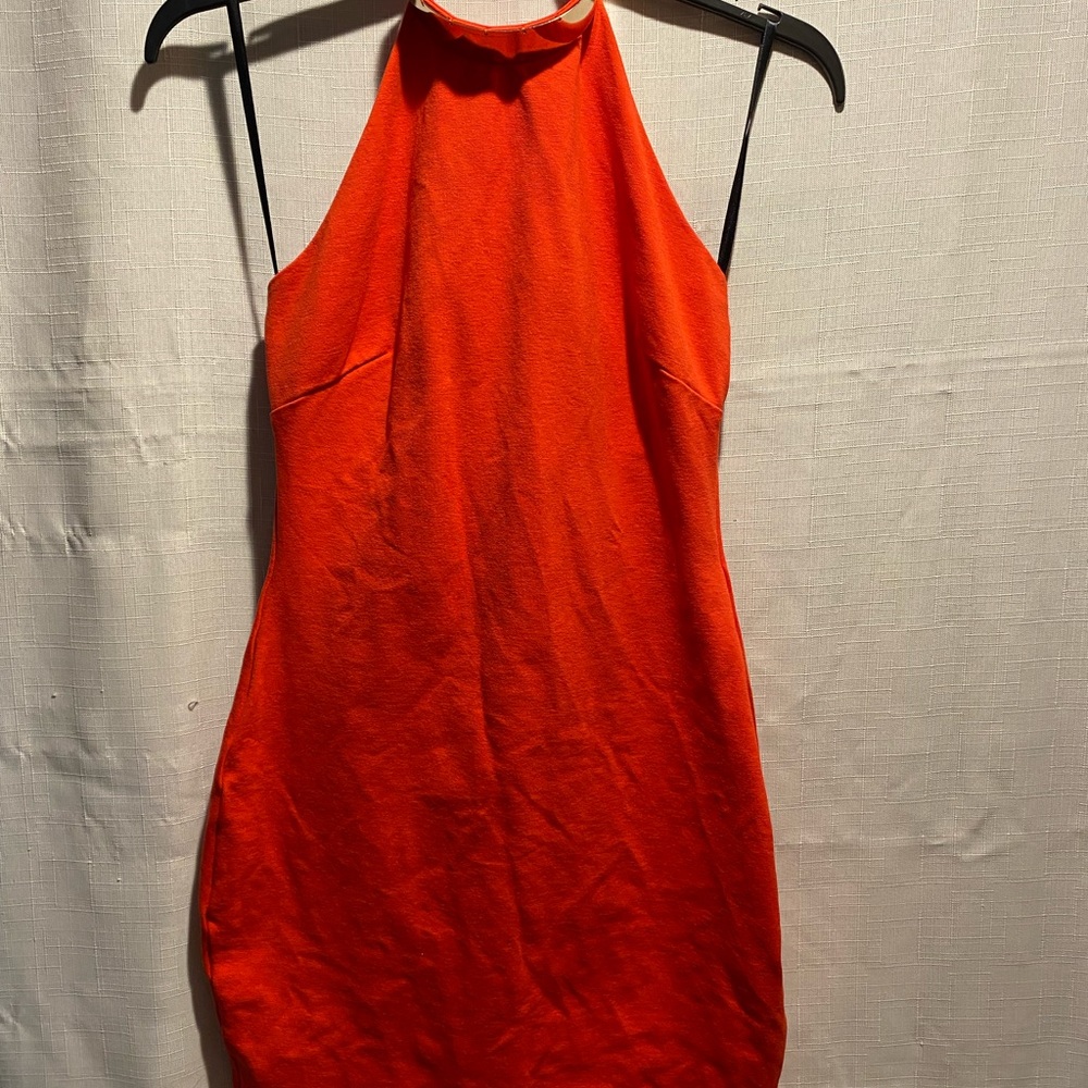 Bebe size XS orange mini bodycon halter dress with gold collar